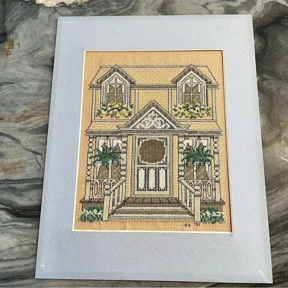 Vintage Cross Stitch Victorian House With Ferns Signed Dated - Picture 2 of 11